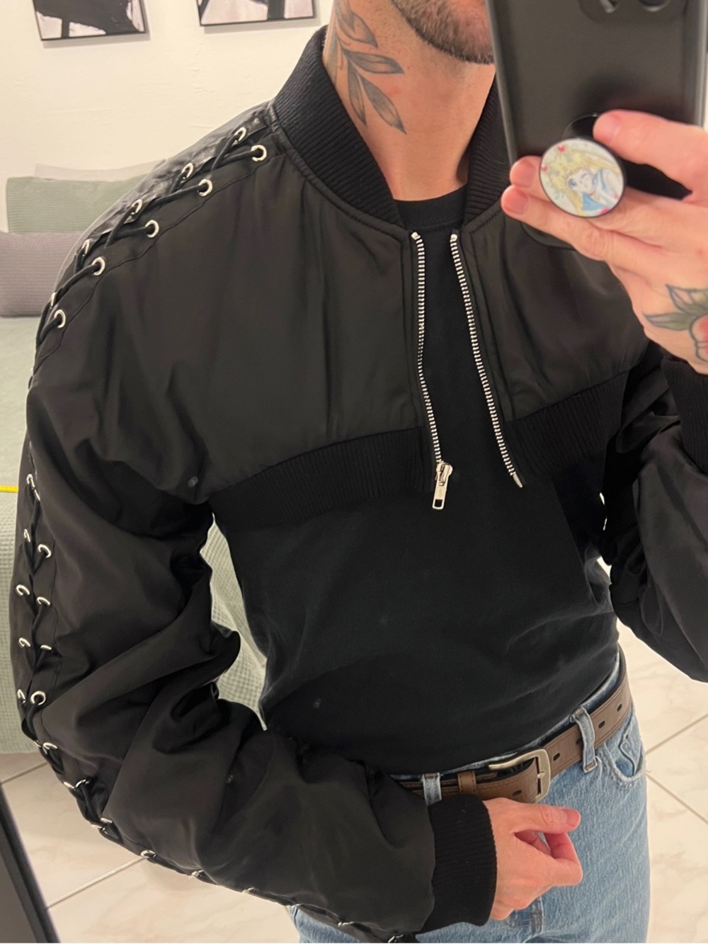 AKIRA Black Lace-Up Sleeve Cropped Bomber Jacket